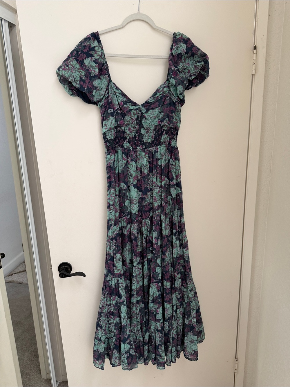 Free People Floral Puff-Sleeve Maxi Dress - Purple & Teal